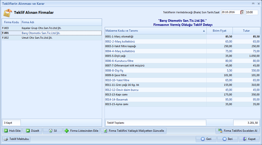 Tekliflerin Alınması ve Karar