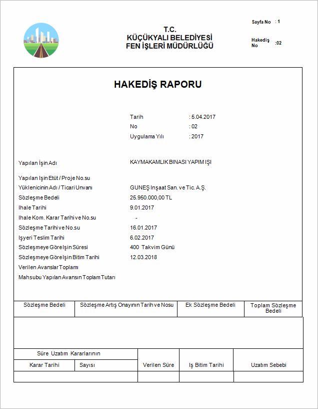 Yapım İşleri Anahtar Teslim Götürü Bedel Örnek Hakediş Ön Kapak Raporu