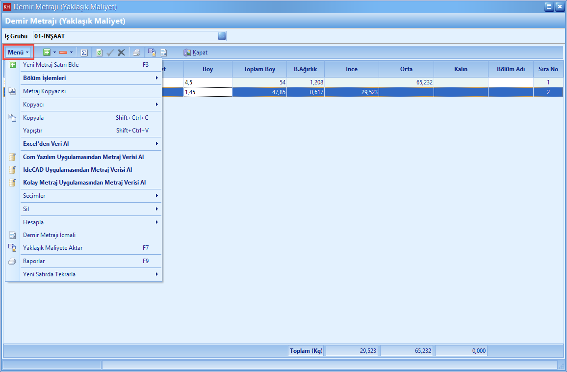 Demir Metrajı Yerel Menü
