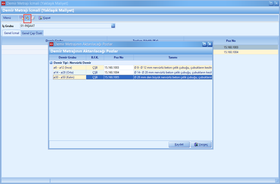 Demir Metrajının Aktarılacağı Pozlar