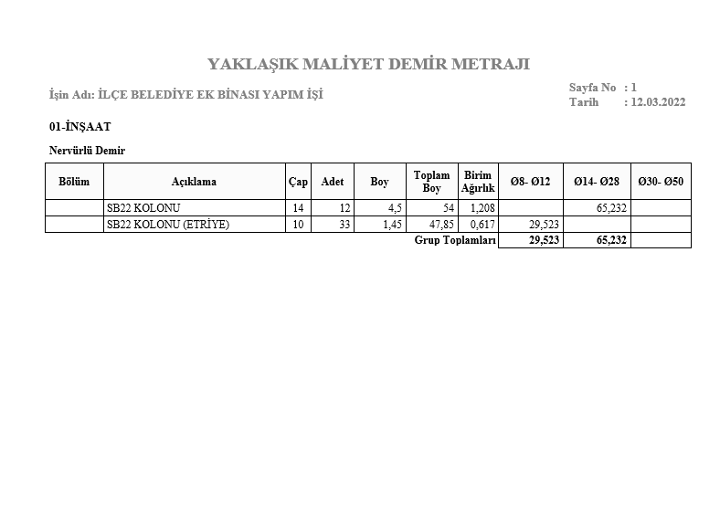 Demir Metrajı Rapor Örneği