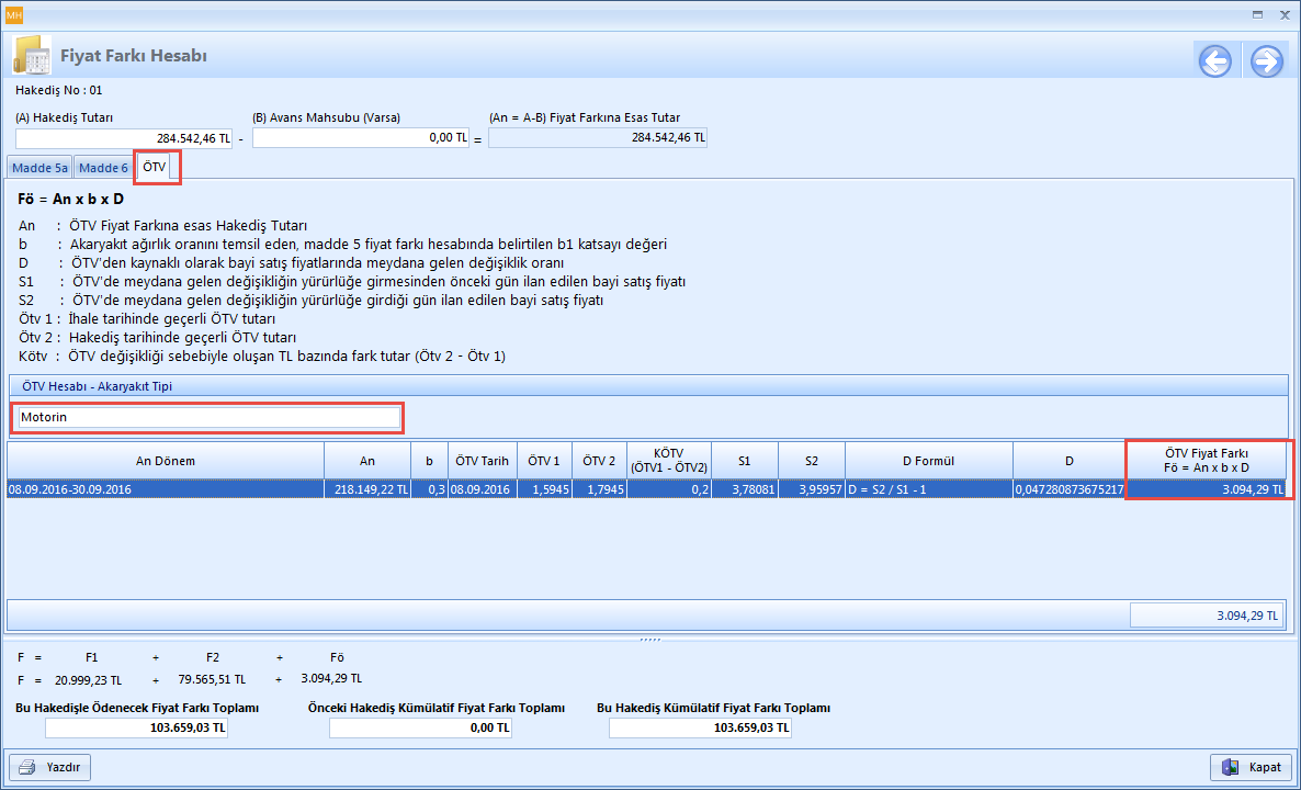 ÖTV Değişikliğinden Kaynaklı Ek Fiyat Farkı Hesabı